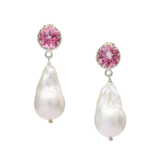 Baroque Pearl and Pink Topaz Drop Earrings