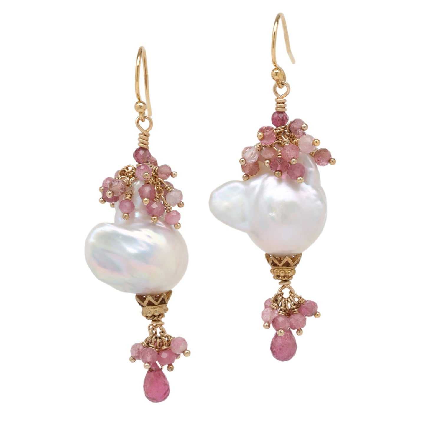 Pink Tourmaline Baroque Pearl Drop Earrings