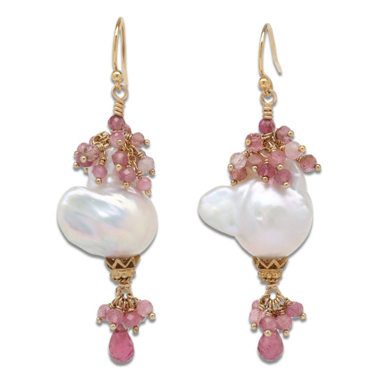 Pink Tourmaline Baroque Pearl Drop Earrings