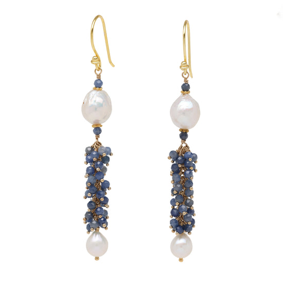 Blue Sapphire and Pearl Waterfall Earrings