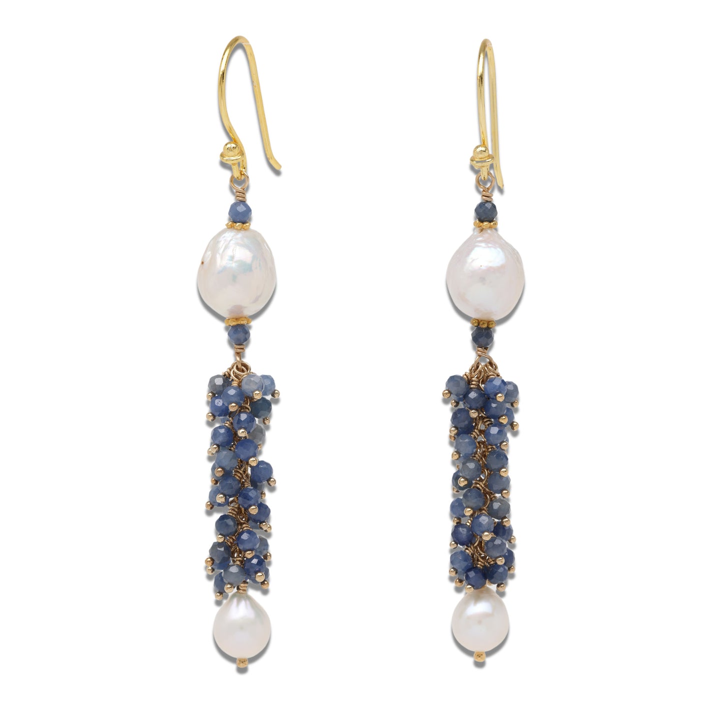 Blue Sapphire and Pearl Waterfall Earrings