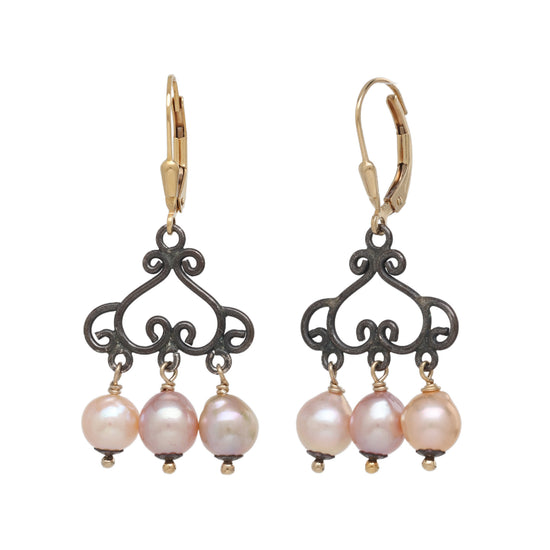 Mixed Metal and Pearl Chandelier Earrings