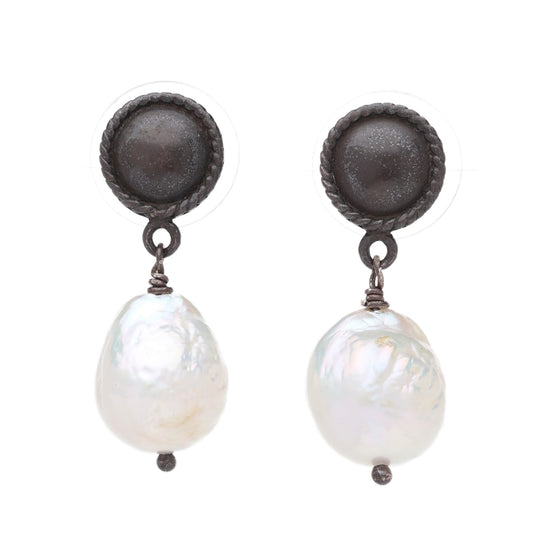 Blackened Silver Baroque Pearl Drop Earrings