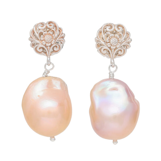 Peach Baroque Pearl and Silver Drop Earrings