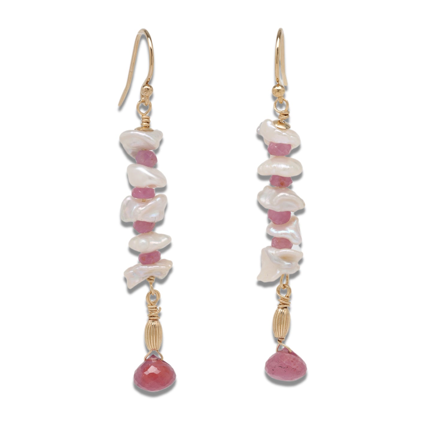 White Keishi Pearl and Pink Sapphire Drop Earrings
