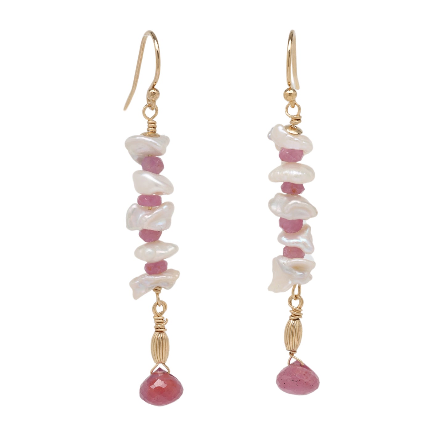 White Keishi Pearl and Pink Sapphire Drop Earrings