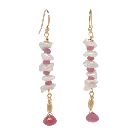 White Keishi Pearl and Pink Sapphire Drop Earrings