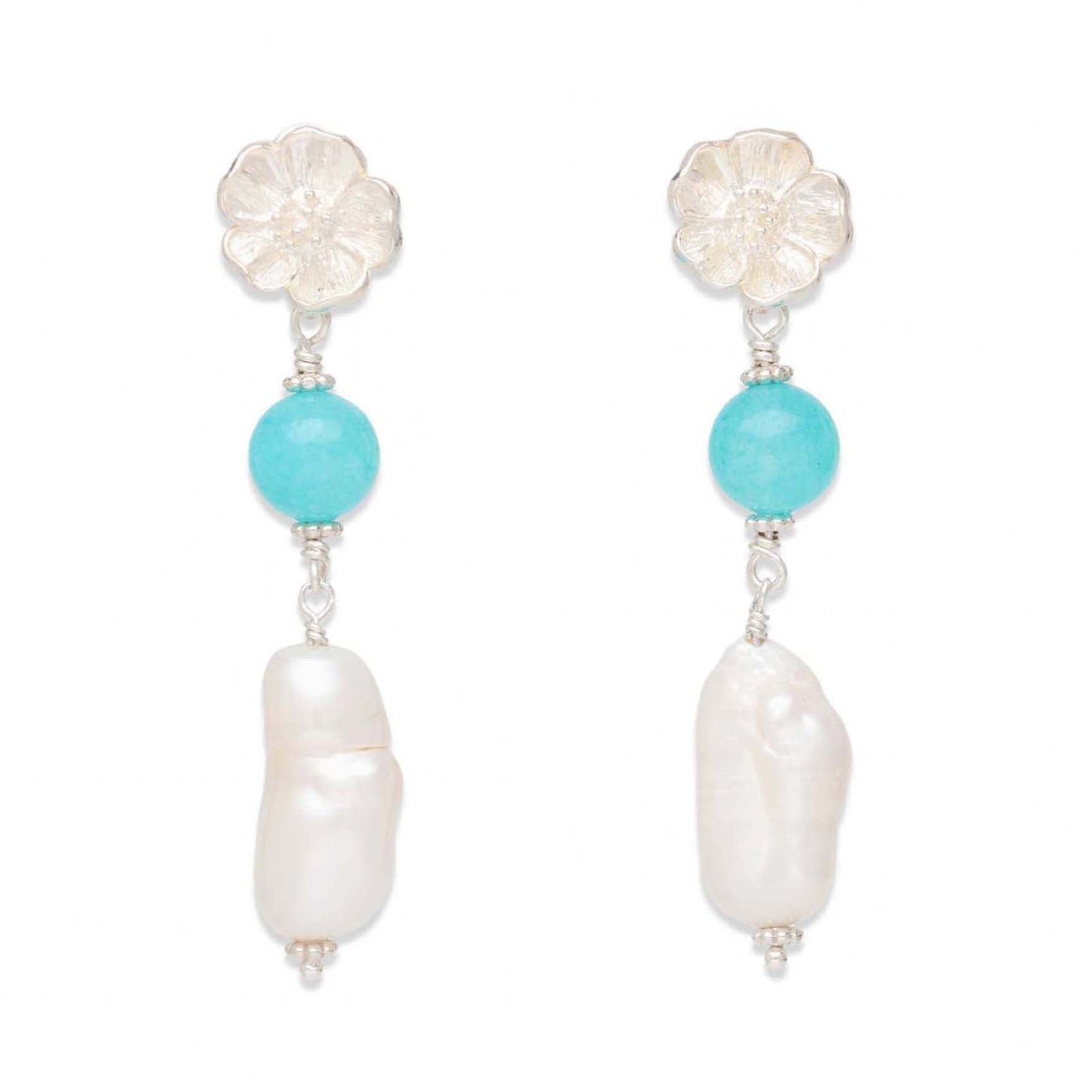 Biwa Pearl and Amazonite Drop Earrings in Silver