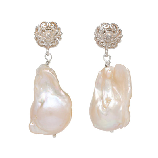 Apricot Baroque Pearl and Sterling Silver Post Earrings