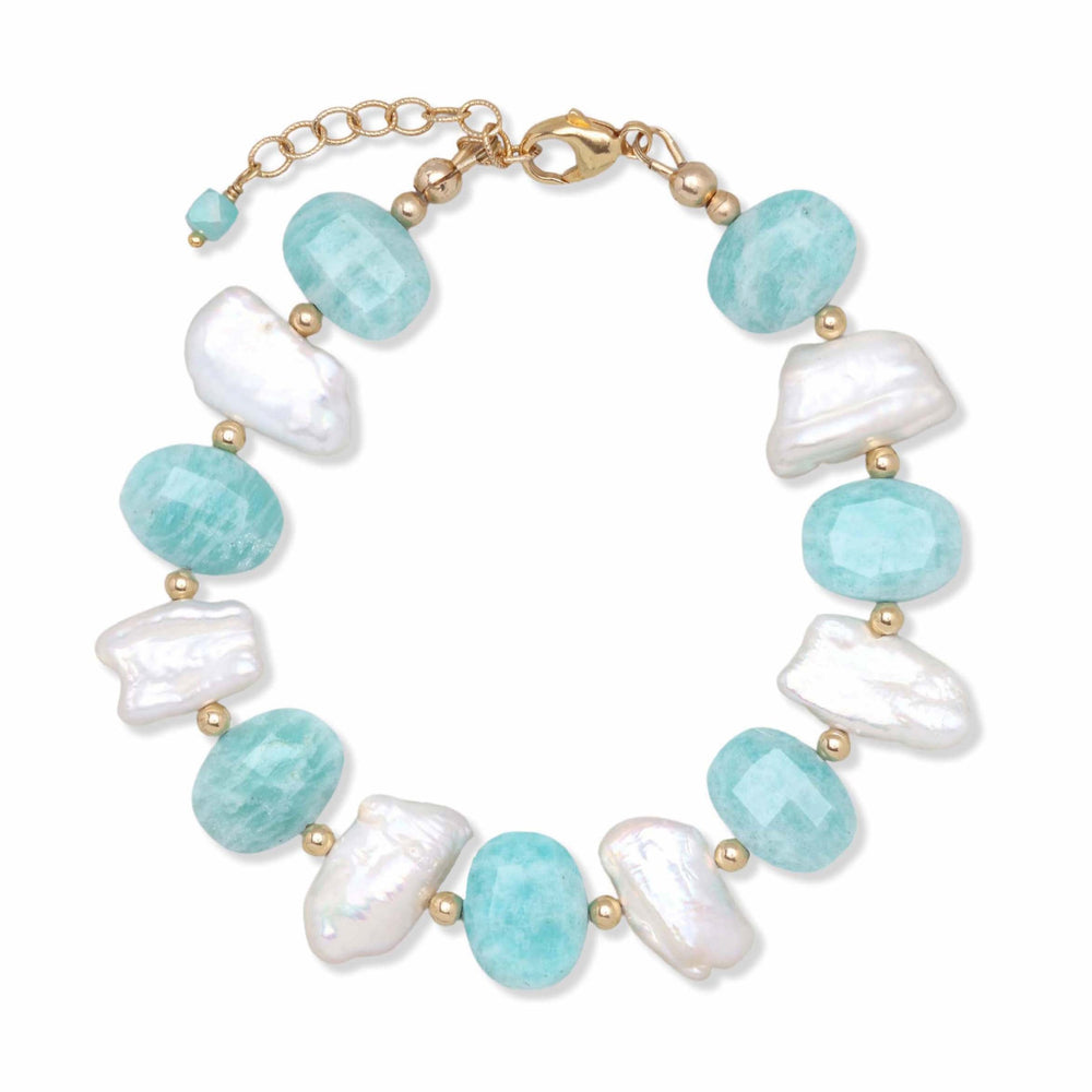 White biwa pearl and faceted amazonite bracelet with gold filled beads and clasp